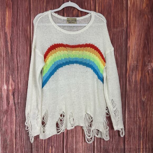 Wildfox White Label Rainbow Sweater Distressed Slouchy Oversized Womens Size XS - Picture 2 of 7